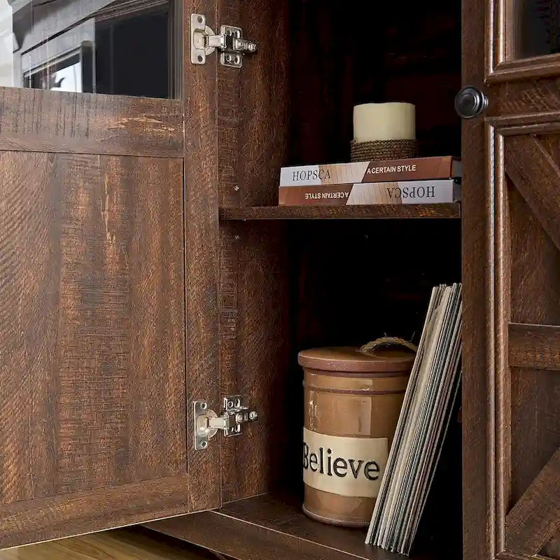 3-türiges Buffet-Sideboard mit Glastüren und verstellbaren Einlegeböden, Grau lasiert