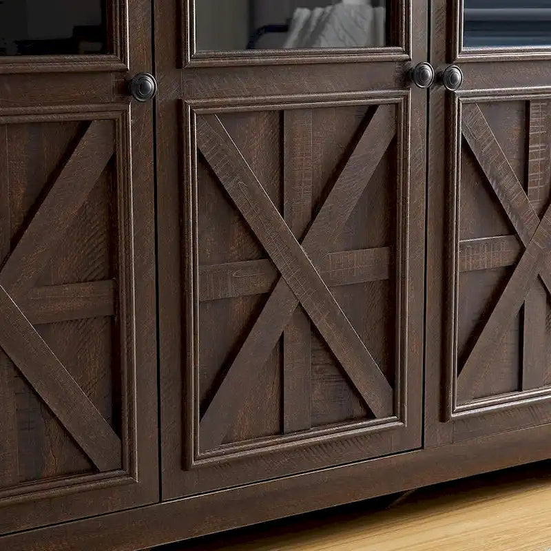 3-türiges Buffet-Sideboard mit Glastüren und verstellbaren Einlegeböden, Grau lasiert