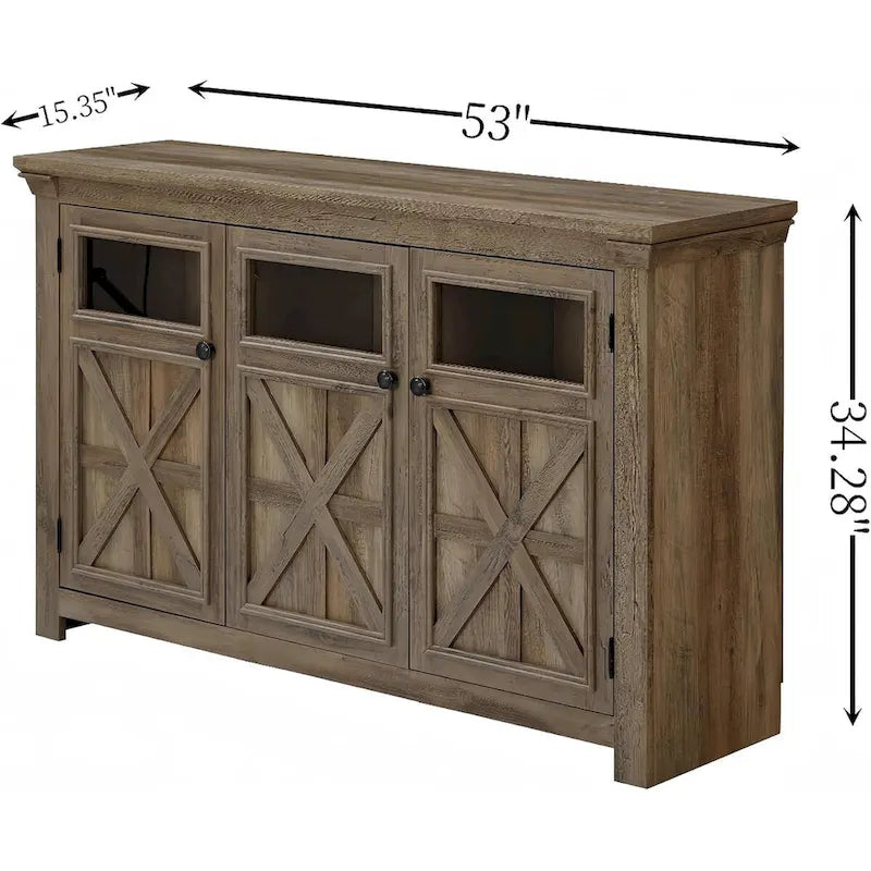 3-türiges Buffet-Sideboard mit Glastüren und verstellbaren Einlegeböden, Grau lasiert