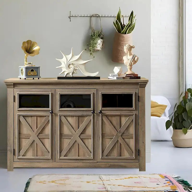 3-türiges Buffet-Sideboard mit Glastüren und verstellbaren Einlegeböden, Grau lasiert