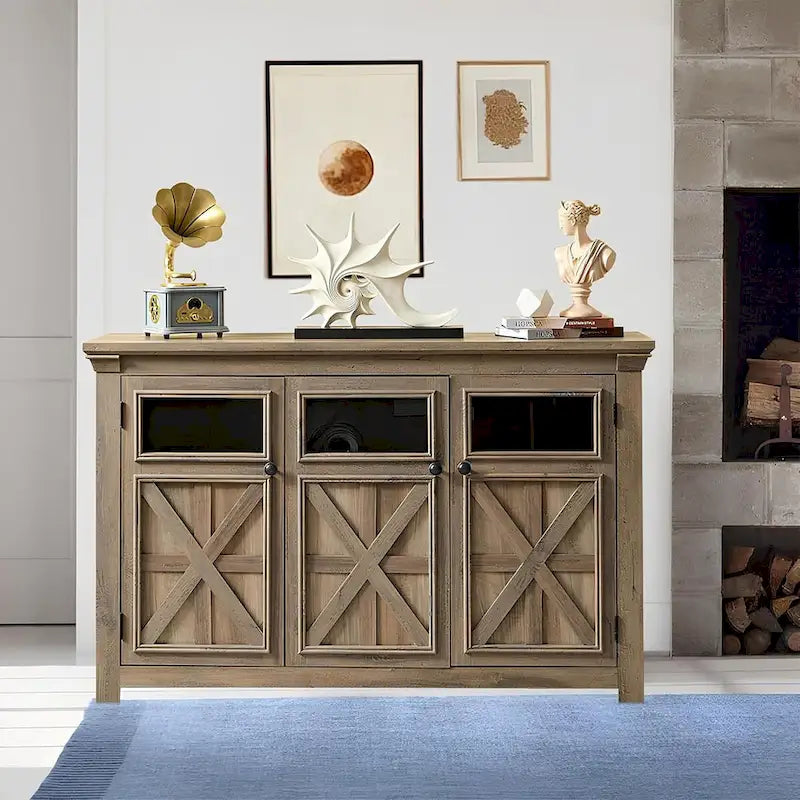 3-türiges Buffet-Sideboard mit Glastüren und verstellbaren Einlegeböden, Grau lasiert