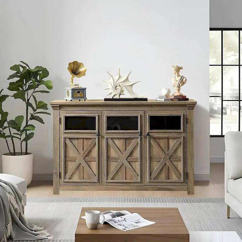 3-türiges Buffet-Sideboard mit Glastüren und verstellbaren Einlegeböden, Grau lasiert