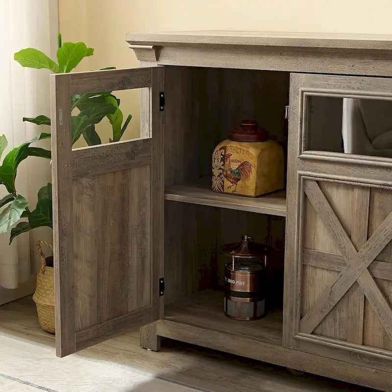 3-türiges Buffet-Sideboard mit Glastüren und verstellbaren Einlegeböden, Grau lasiert