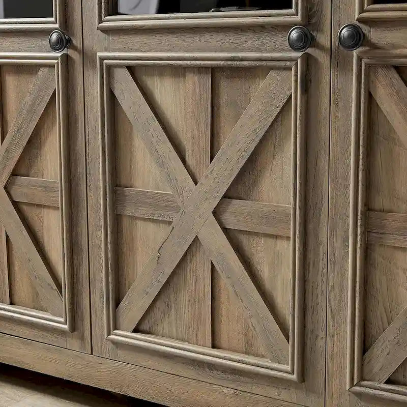 3-türiges Buffet-Sideboard mit Glastüren und verstellbaren Einlegeböden, Grau lasiert