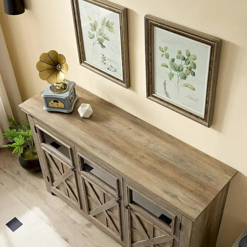 3-türiges Buffet-Sideboard mit Glastüren und verstellbaren Einlegeböden, Grau lasiert