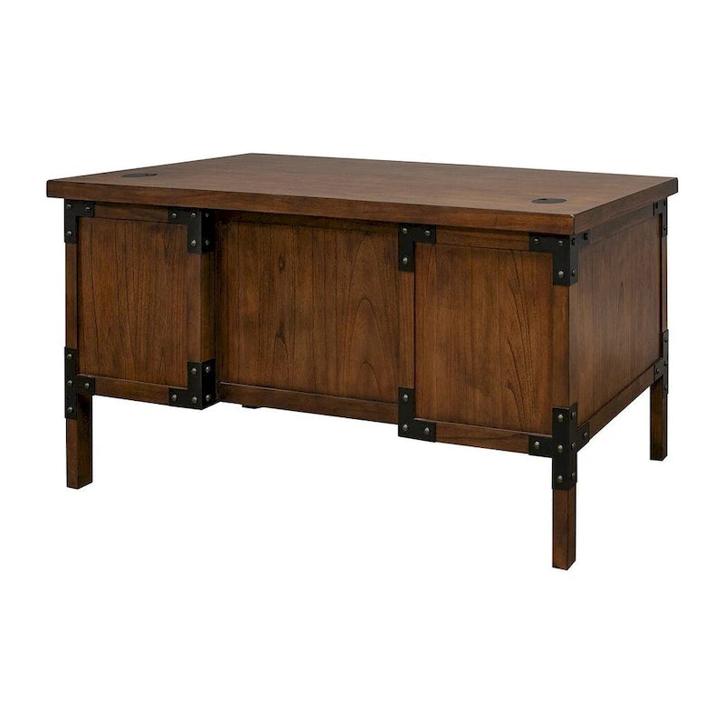 Rustikaler Chefschreibtisch mit halbem Podest und Eisenrollen, Braun